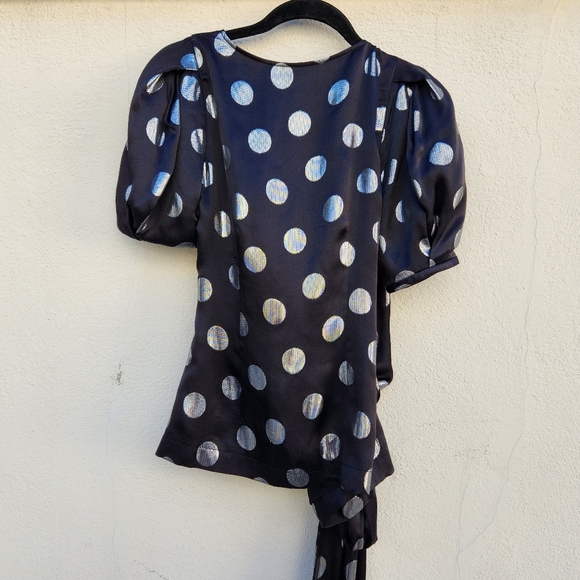 DVF Diane Von Furstenberg Larryn Metallic Polka Dot Silk Wrap Top - Picture 7 of 9